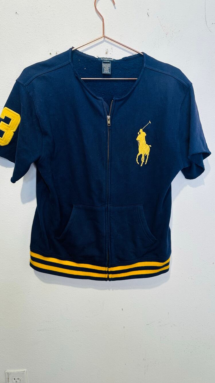 Vintage RALPH LAUREN Large Pony Striped Fleece FLAWED Zip Up Hoodie Kids sz L